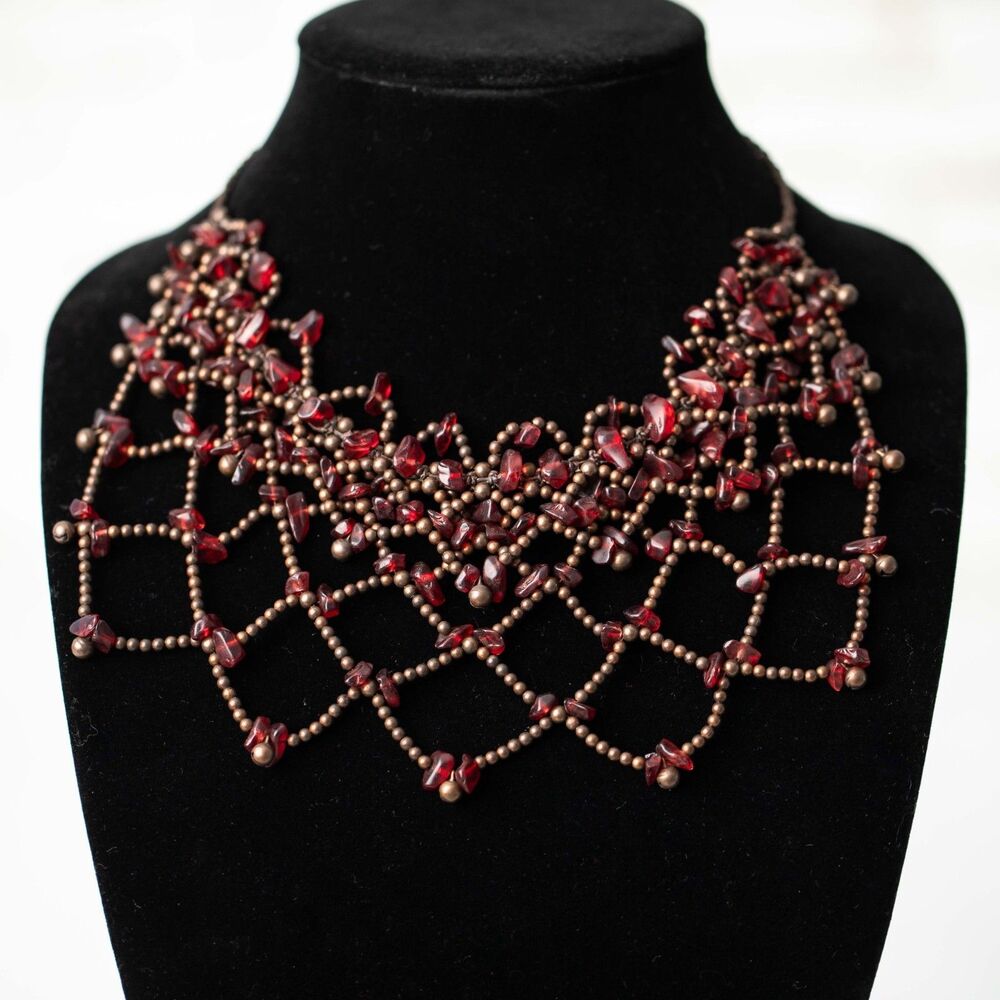 Red Garnet Chip Beaded Bib Necklace Bronze Tone Boho Statement Jewelry Vintage